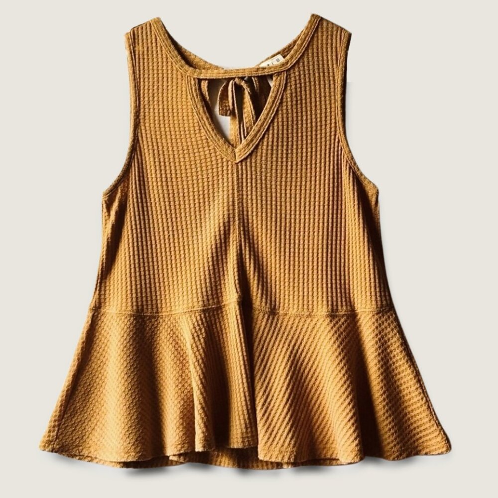 Others Follow Thermal Waffle Knit Textured Cut-Out Peplum Hem Tank Top in Yellow - Picture 7 of 14